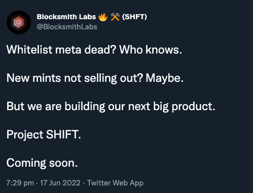 A tweet introducing blocksmith labs shft