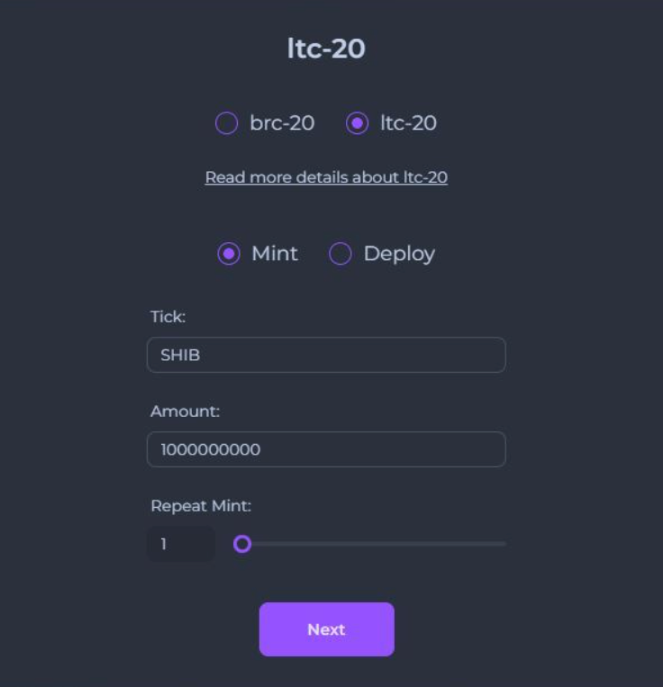 Interface of minting ltc-20